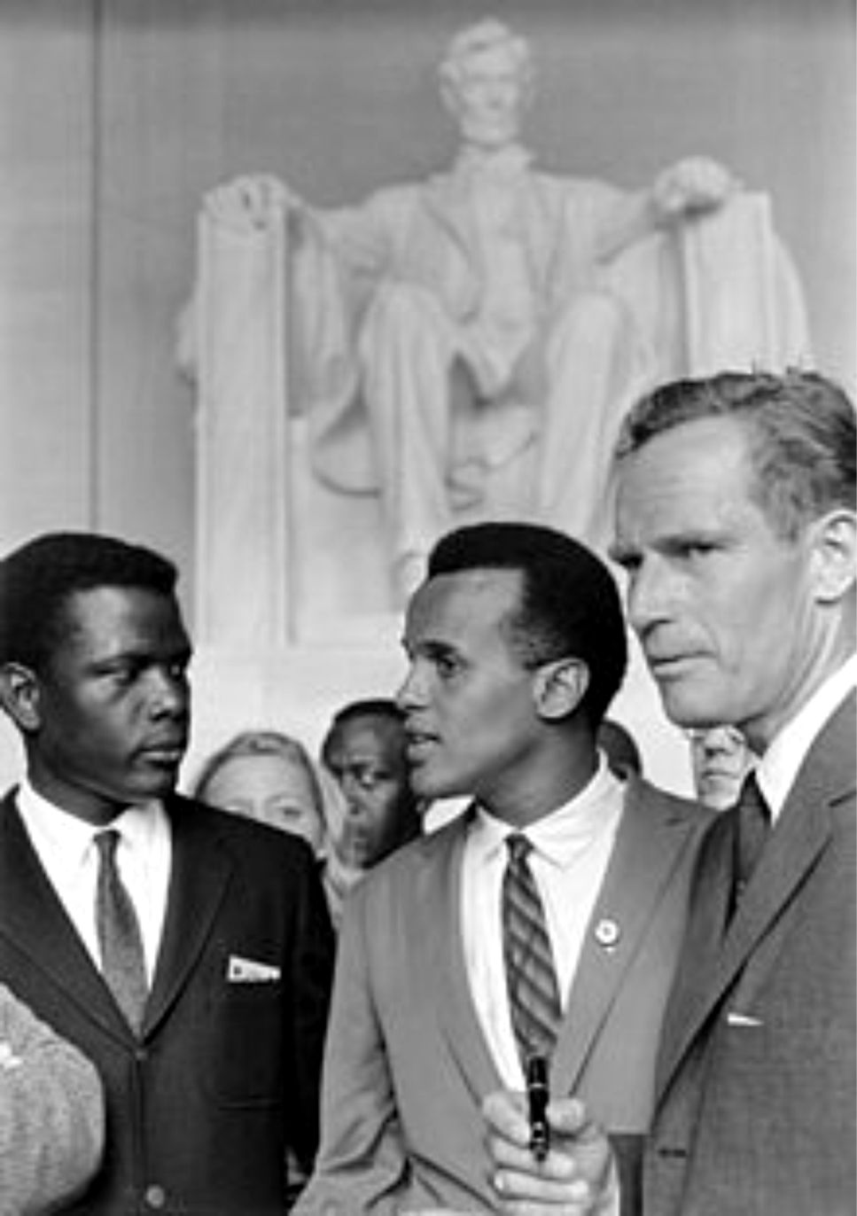 Sidney Poitier, Harry Belafonte, and Charlelton Heston at the Lincoln Memorial, August 28, 1963