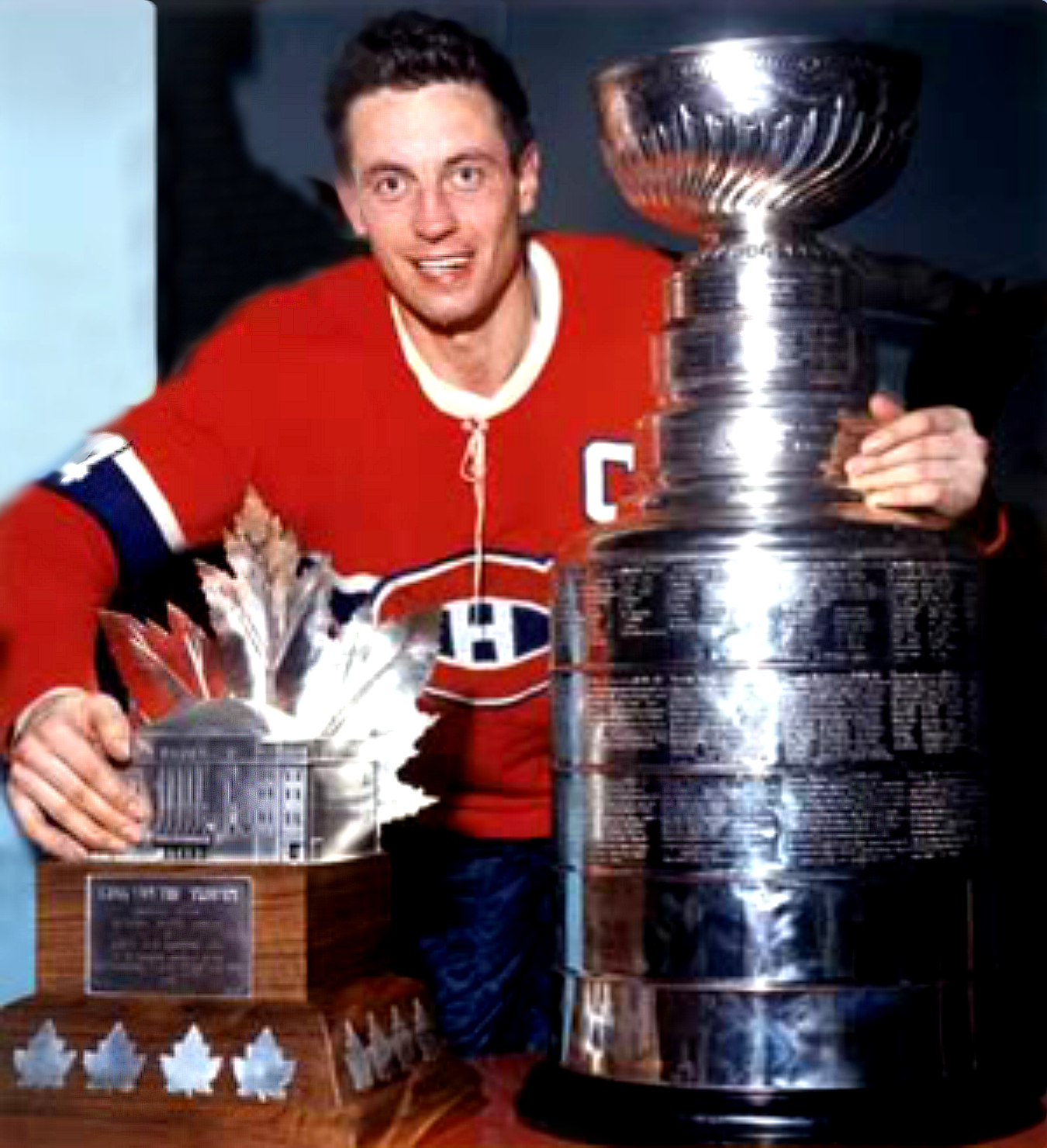Jean Beliveau wth Stanley Cup and Conn Symthe Trophy 1965